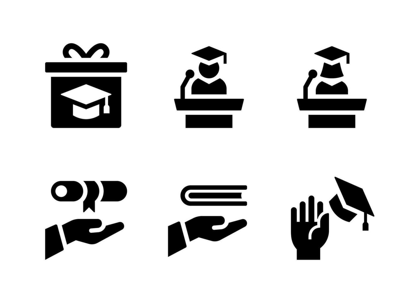 ensemble simple d'icônes solides vectorielles liées à l'obtention du diplôme. contient des icônes comme discours sur le podium, donnant un diplôme, etc. vecteur