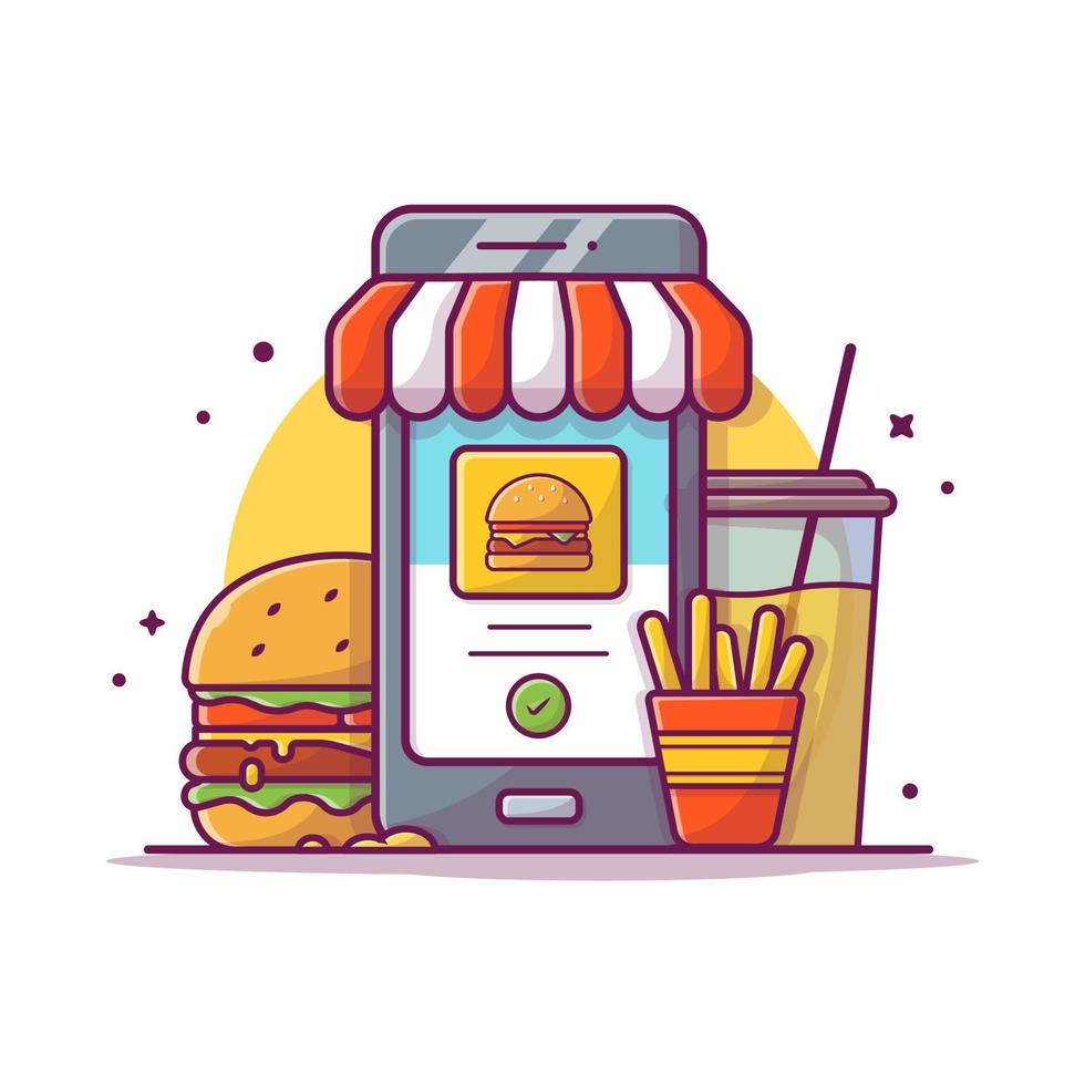 handphone, burger, frites et illustration d'icône de vecteur de dessin animé de boisson. concept d'icône de technologie alimentaire isolé vecteur premium. style de dessin animé plat