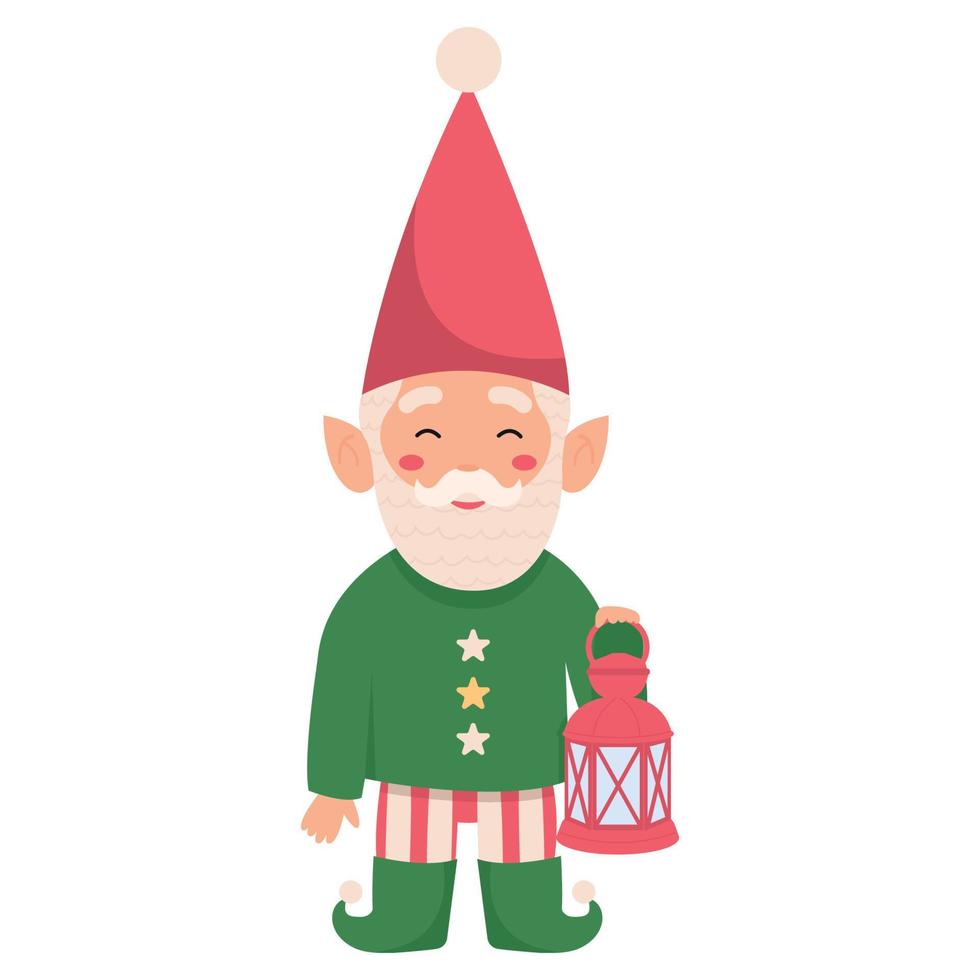 drôle de gnome de noël isolé sur fond blanc. santa elf avec une lanterne. vecteur