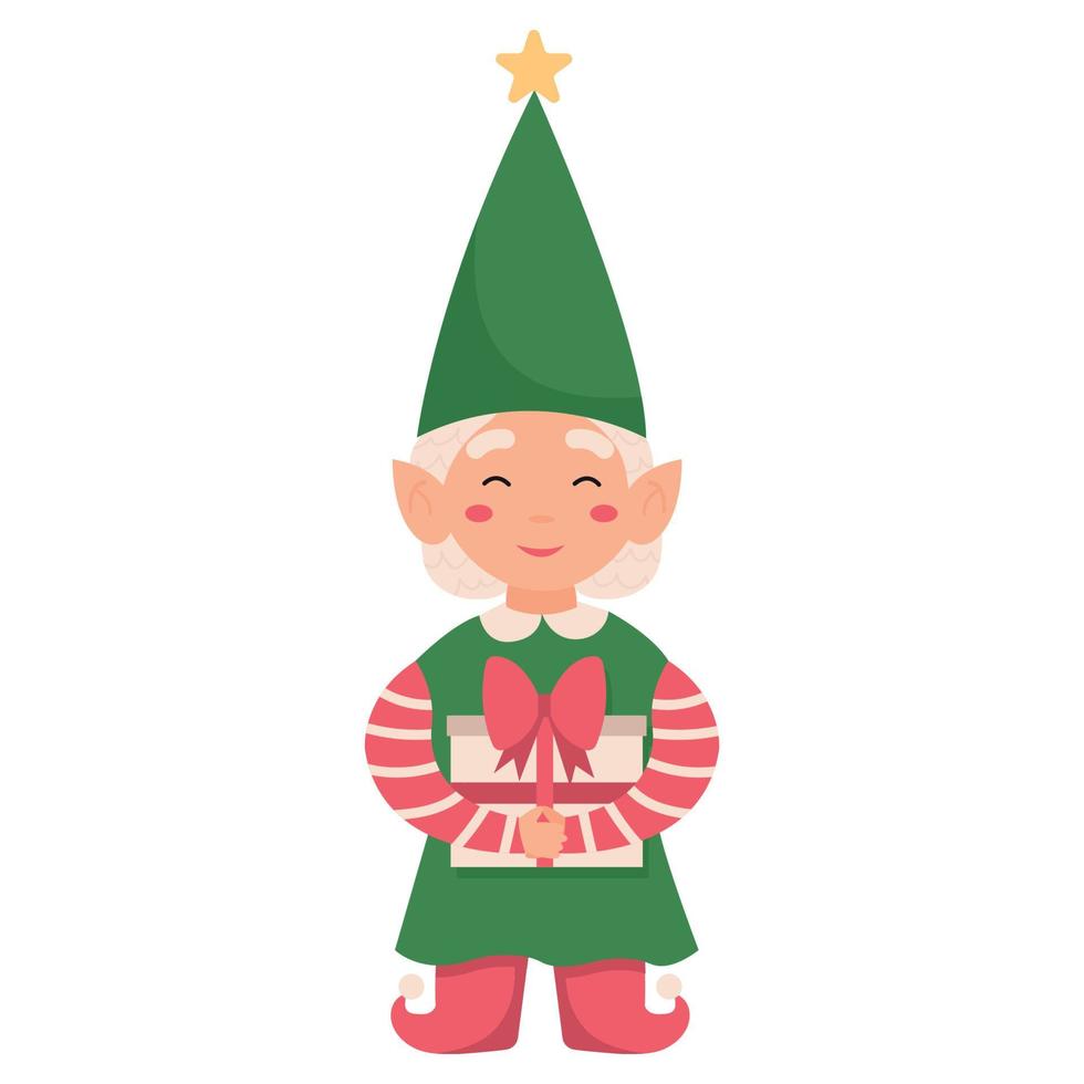 drôle de gnome de noël isolé sur fond blanc. santa elf avec un cadeau. vecteur