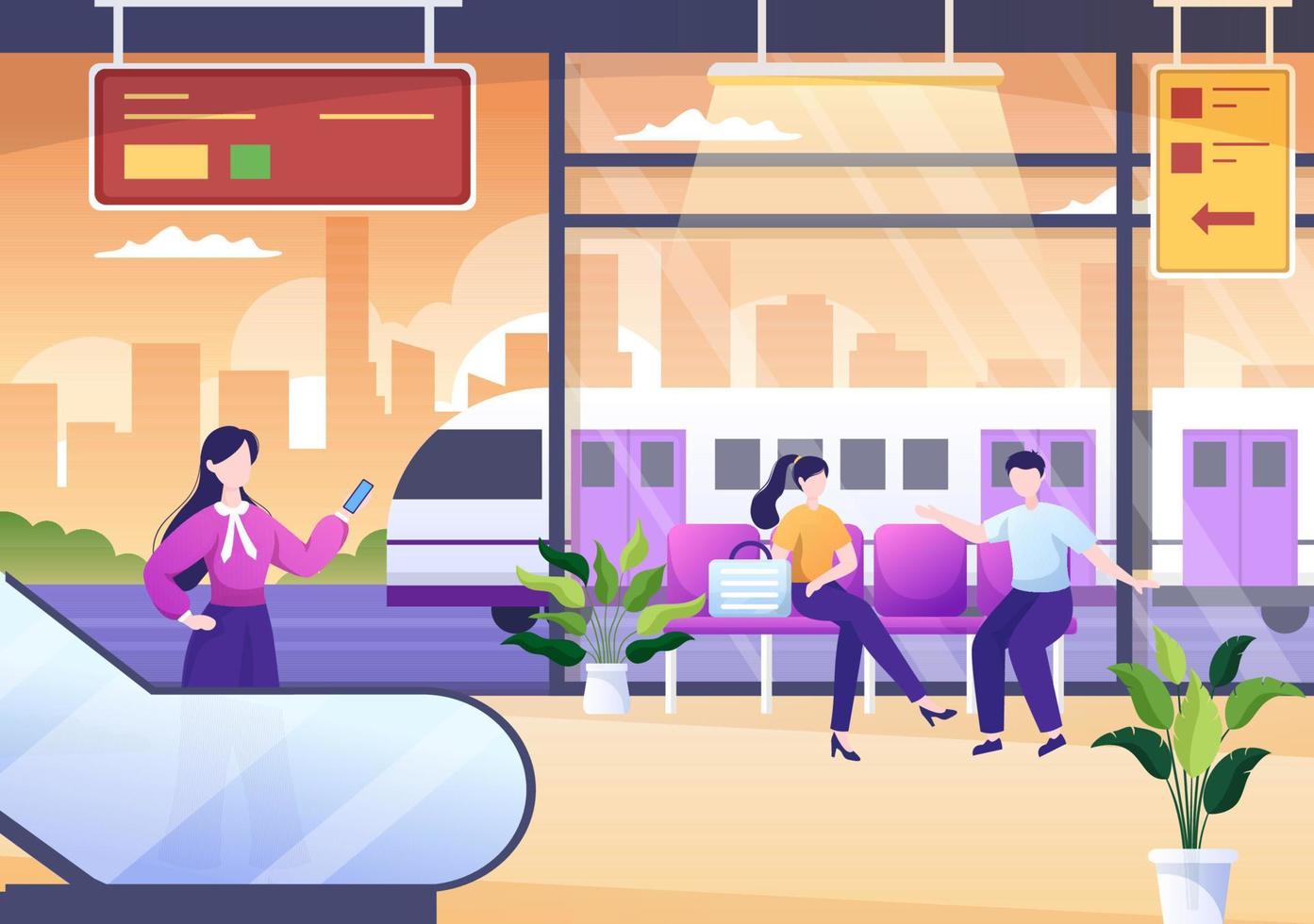 gare avec des gens, paysage de transport ferroviaire, plate-forme de départ et métro intérieur souterrain en illustration d'affiche de fond plat vecteur