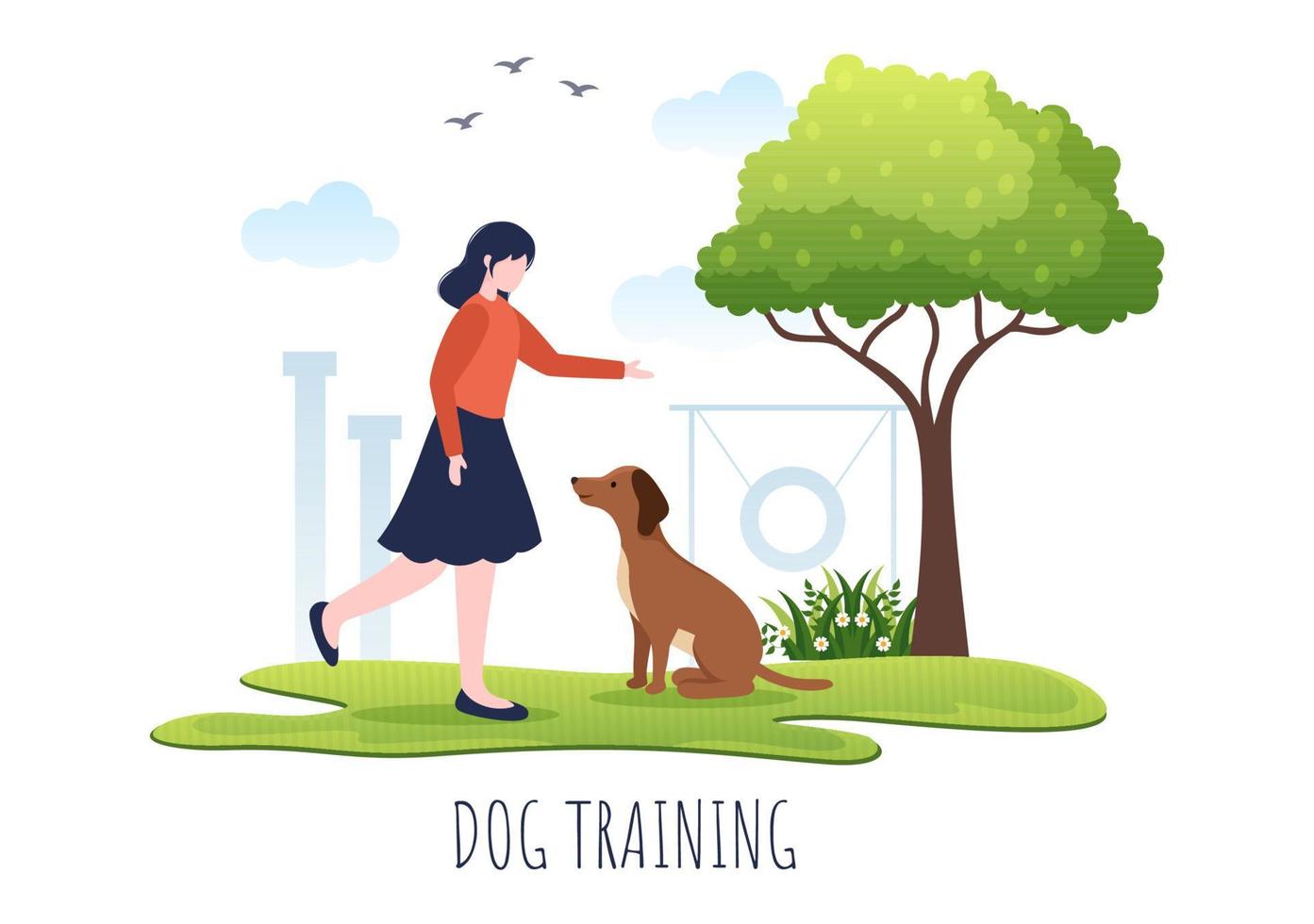 centre de formation de chiens au terrain de jeu avec instructeur enseignant aux animaux de compagnie ou jouer pour des tours et des compétences de saut en illustration de fond de dessin animé plat vecteur