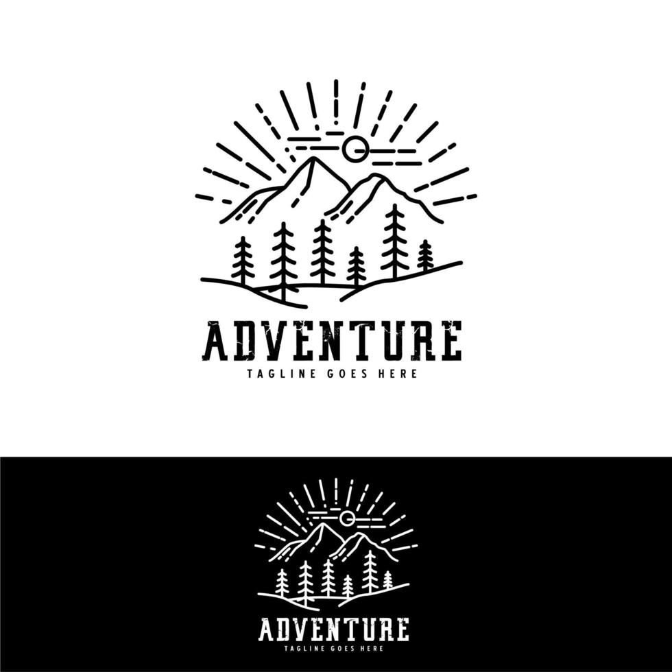 emblème de la nature de la forêt de montagne, création de logo d'arbre à feuilles persistantes de pin hipster pour le club d'aventure en plein air vecteur