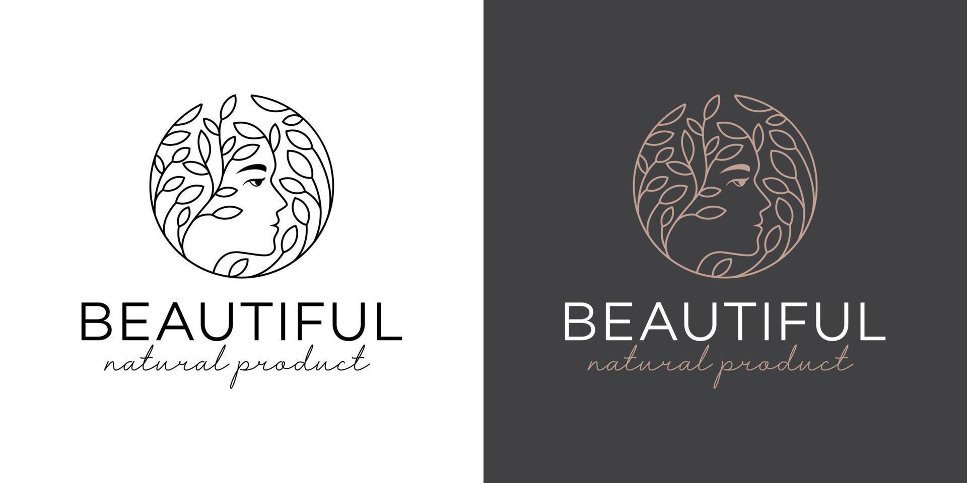 logos de luxe et élégants de belle femme avec des feuilles pour les cosmétiques, les soins de la peau, le style d'art en ligne de salon de beauté nature vecteur