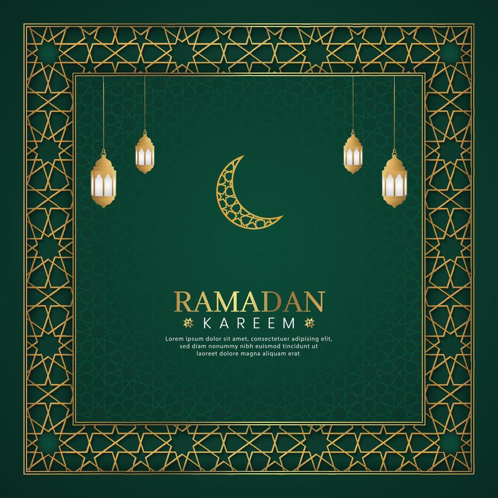 ramadan kareem, fond de luxe vert arabe islamique avec cadre à motif géométrique et lanternes vecteur