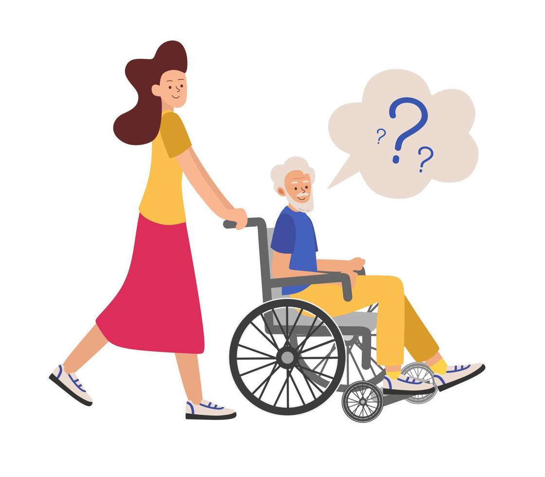 grand-père de démence dans un fauteuil roulant avec une personne accompagnante ne peut pas comprendre où il est illustration vectorielle dans un style plat vecteur