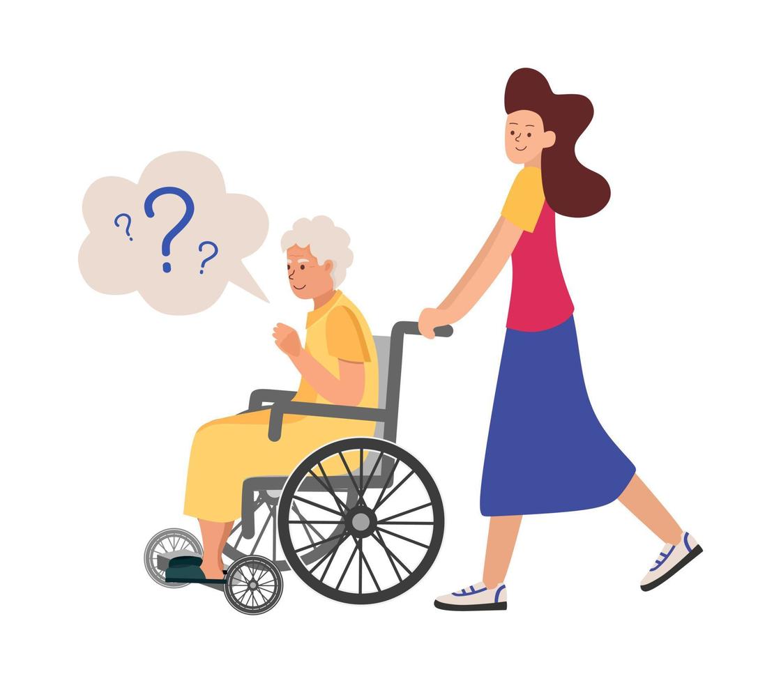 grand-mère de démence dans un fauteuil roulant avec une personne accompagnante ne peut pas comprendre où il est illustration vectorielle dans un style plat vecteur