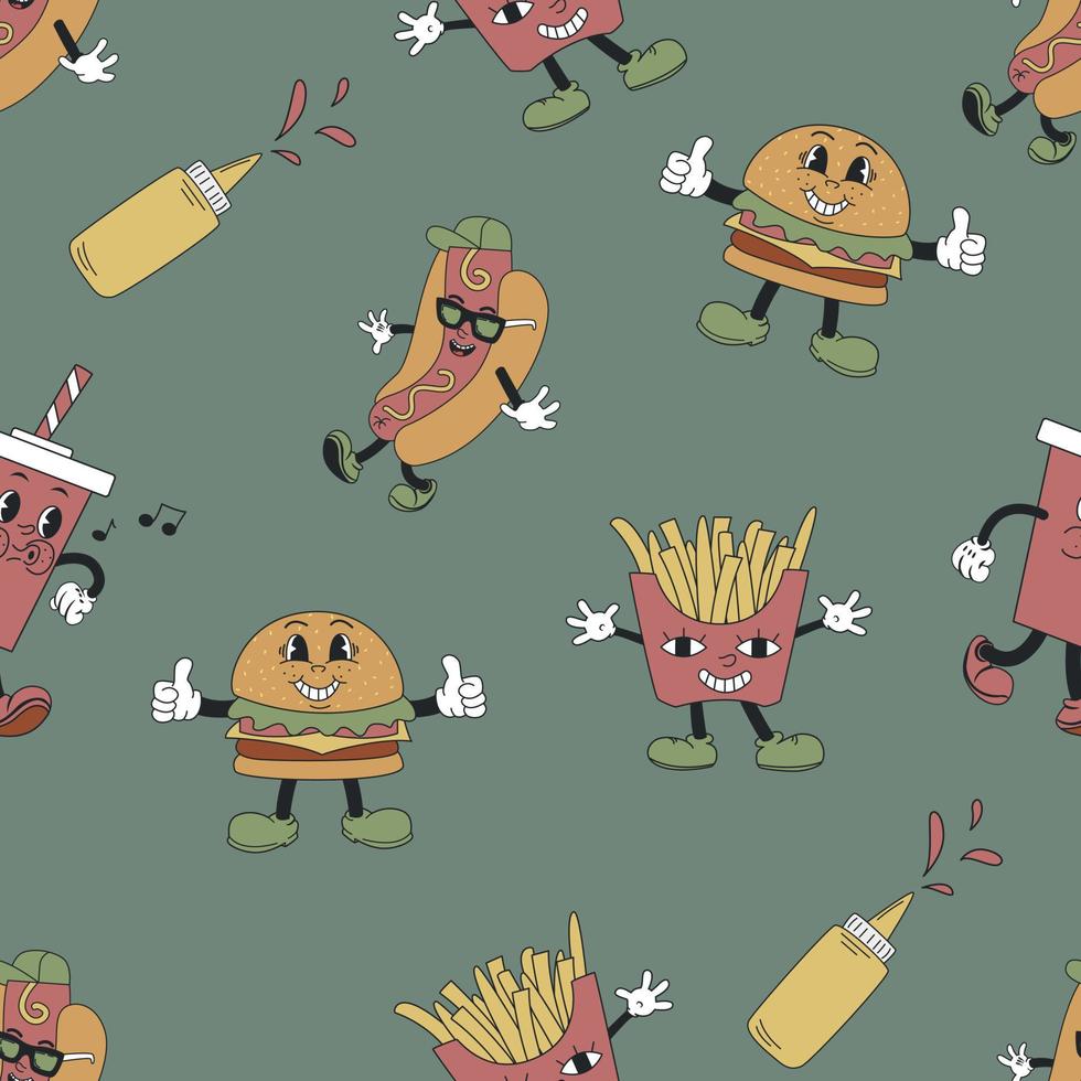 modèle sans couture avec frites, hamburgers et hot dog. personnages de mascotte rétro. illustration vectorielle plane vecteur