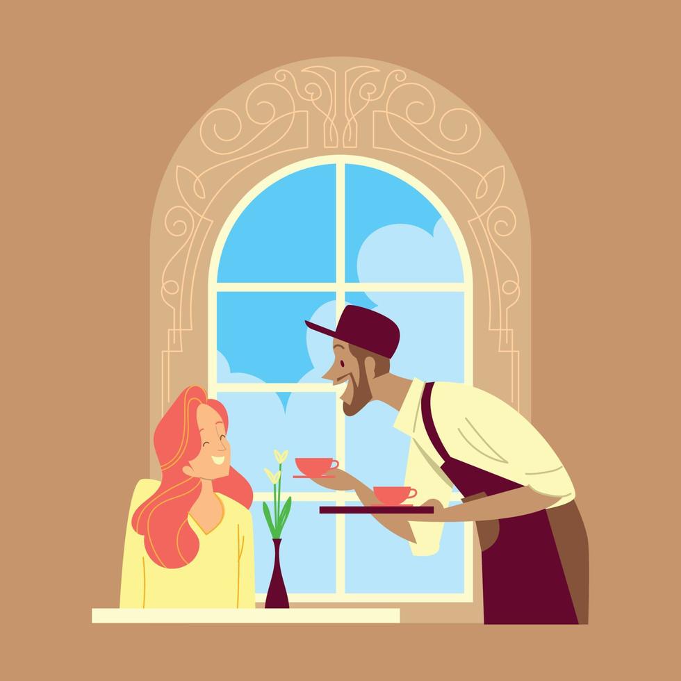 un serveur sert un café chaud à une fille aux cheveux roux vecteur
