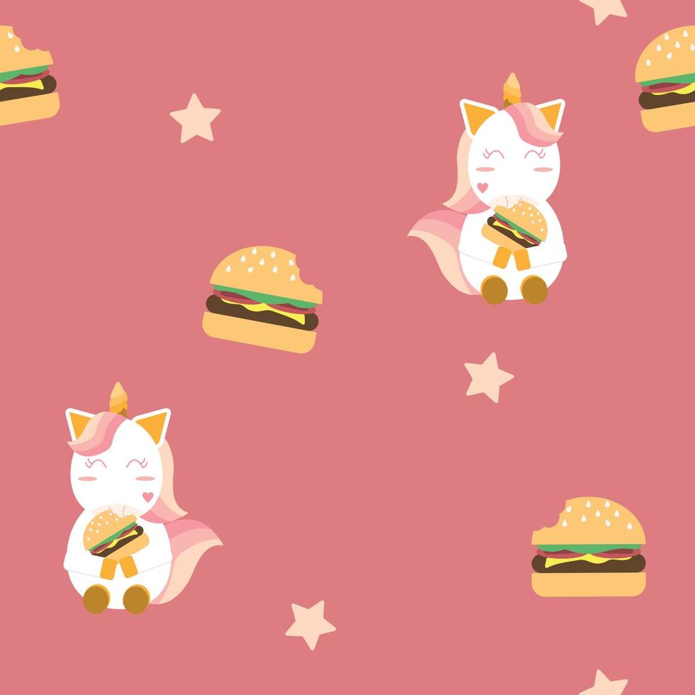 la licorne mignonne mange un motif mignon sans couture de tissu de burger vecteur