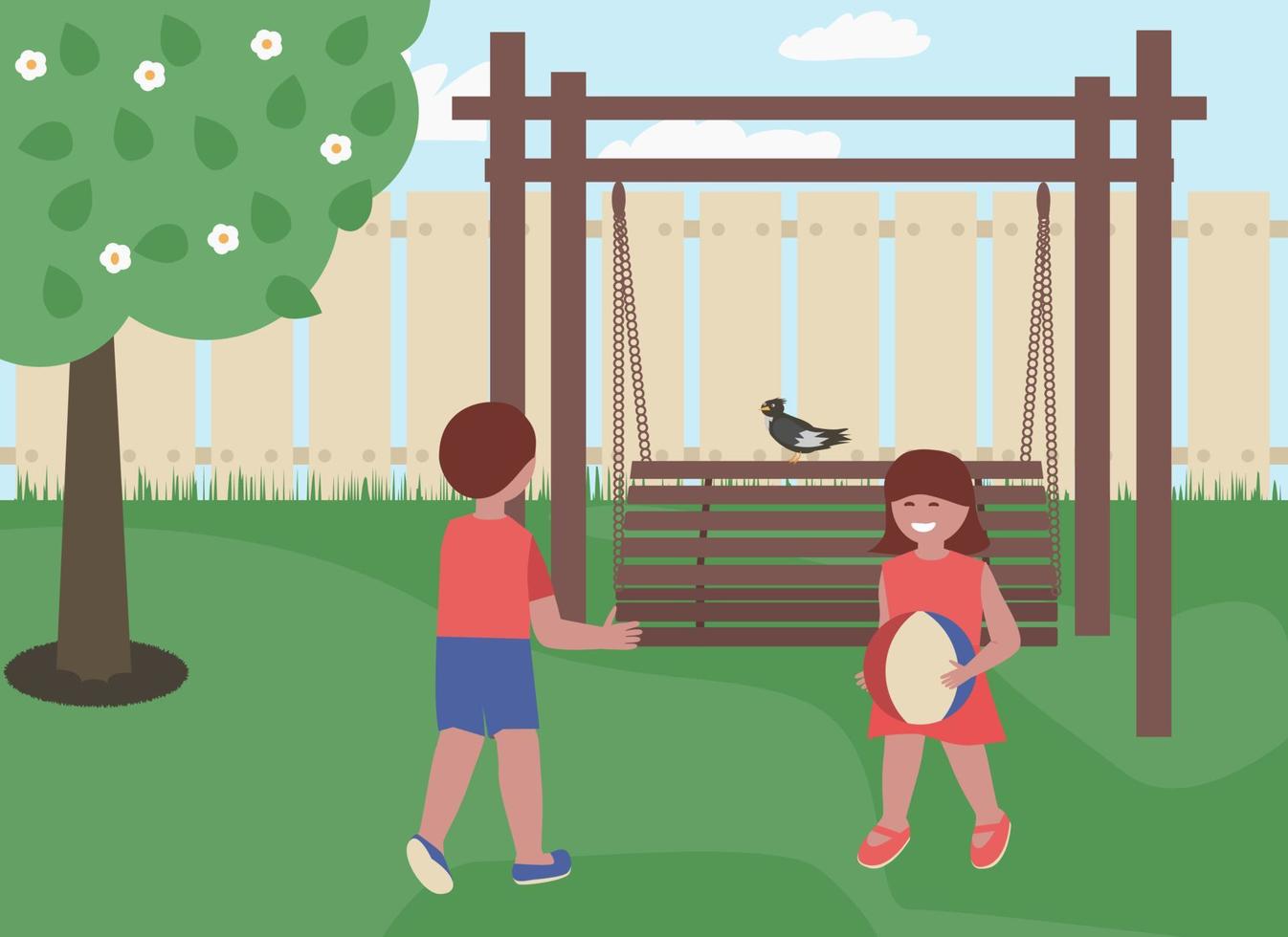 garçon et fille jouant au ballon dans leur jardin. illustration vectorielle plane. vecteur