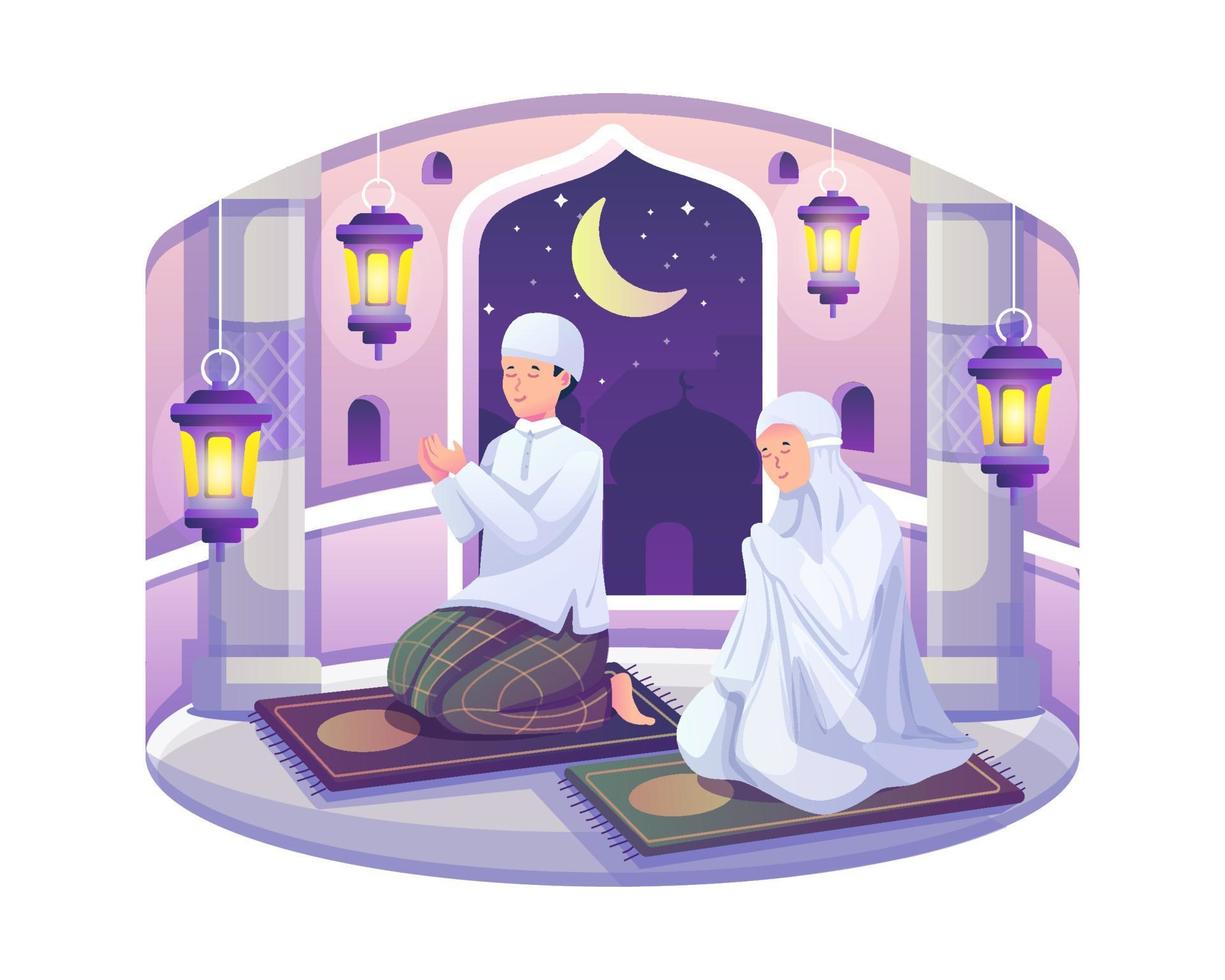 un couple musulman et sa femme prient ensemble la nuit du ramadan kareem. les musulmans exécutent la prière taraweeh en congrégation pendant le ramadan. illustration vectorielle de style plat vecteur