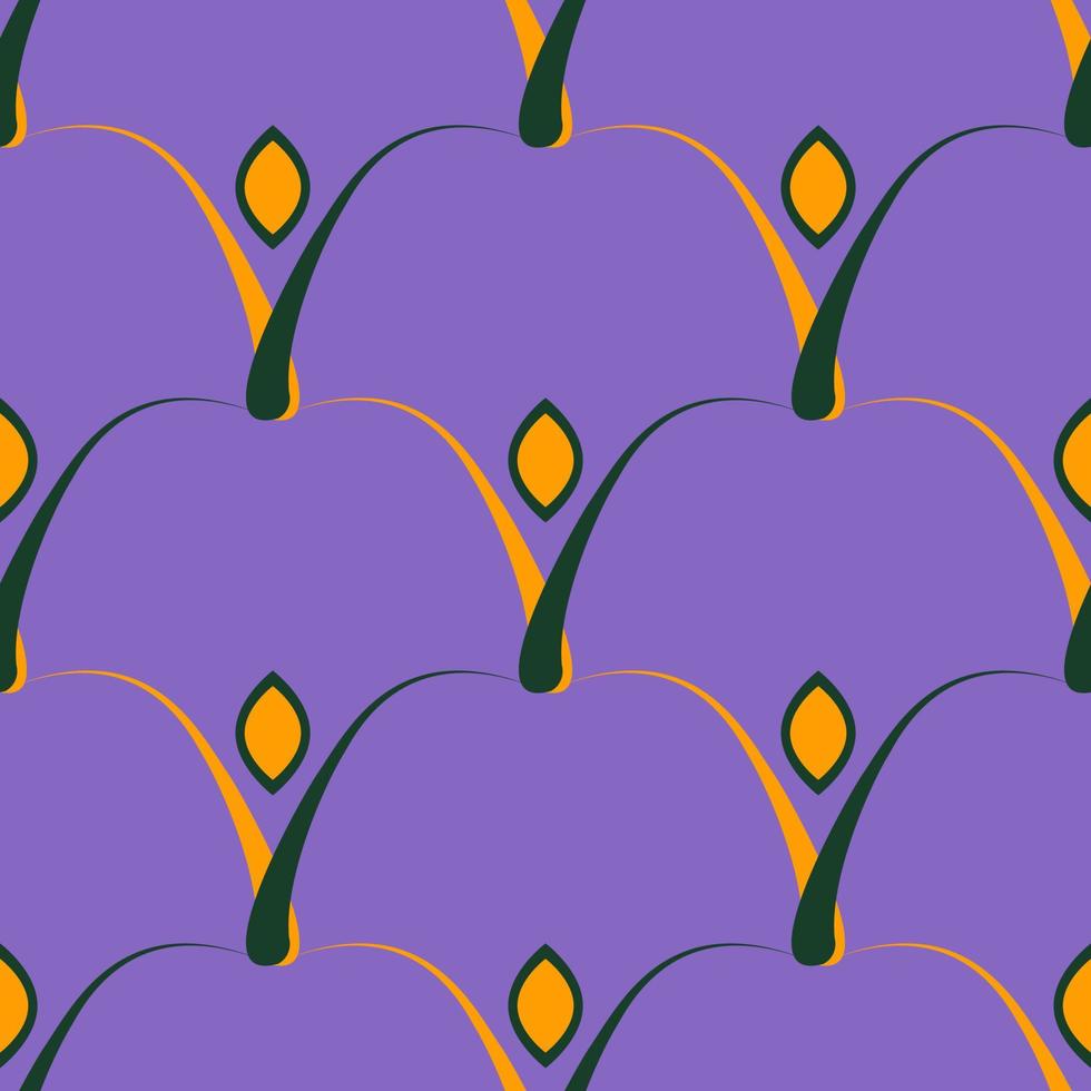 modèle sans couture avec des feuilles stylisées vertes et orange sur fond violet. jeune pousse verte. concept de protection de la nature, d'écologie et d'agriculture. illustration vectorielle. vecteur