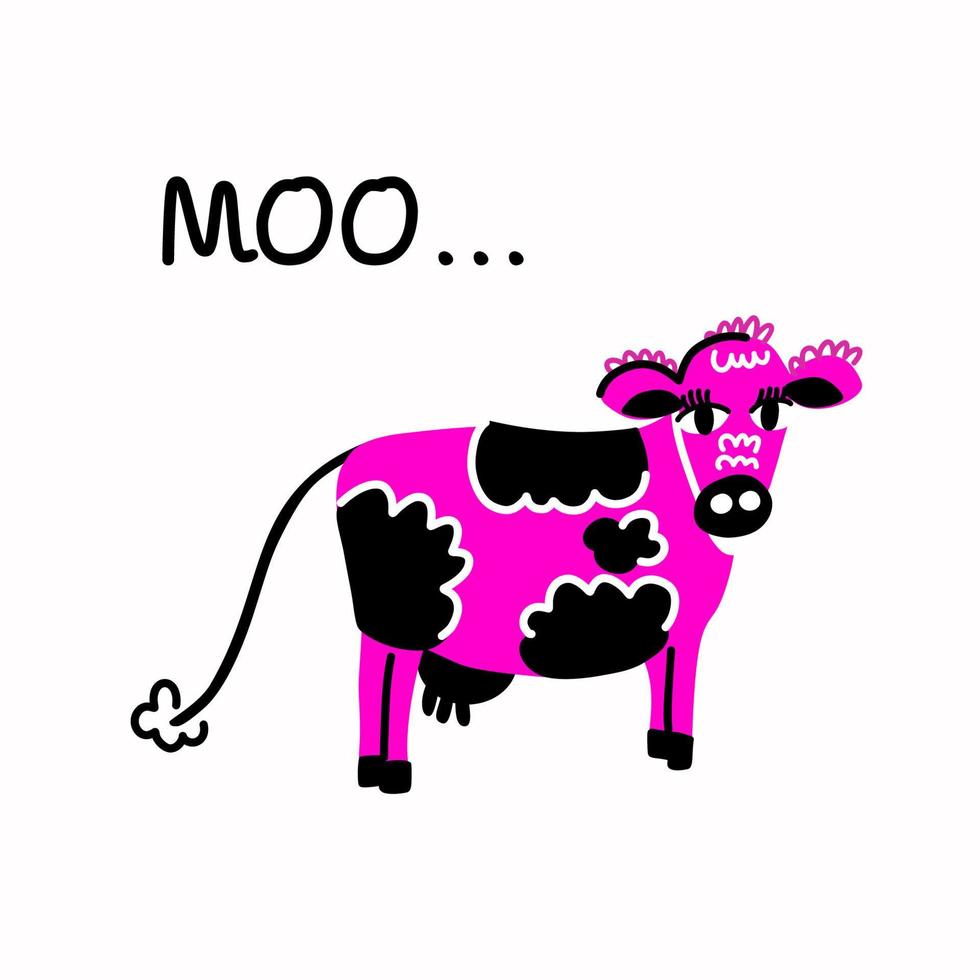 jolie carte postale avec une drôle de vache aux couleurs psychédéliques vives et le texte moo vecteur