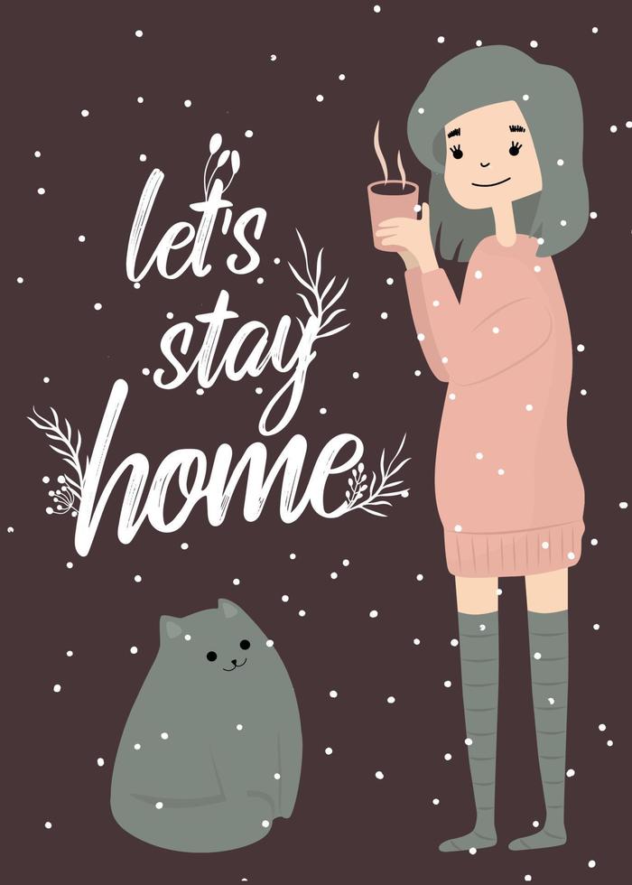 affiche citation fille avec chat hiver temps confortable flocons de neige avec boisson chaude vecteur