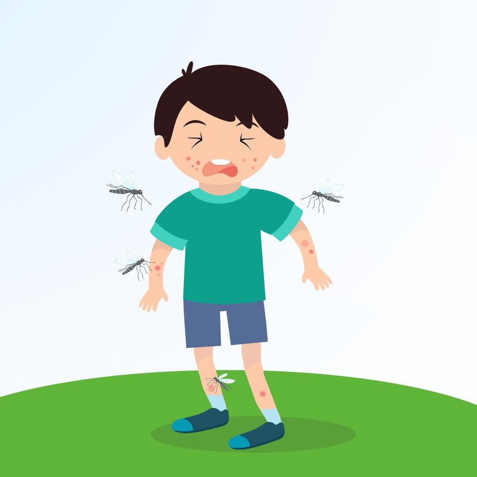 attaque et piqûres de moustiques sur la peau du garçon. illustration vectorielle vecteur