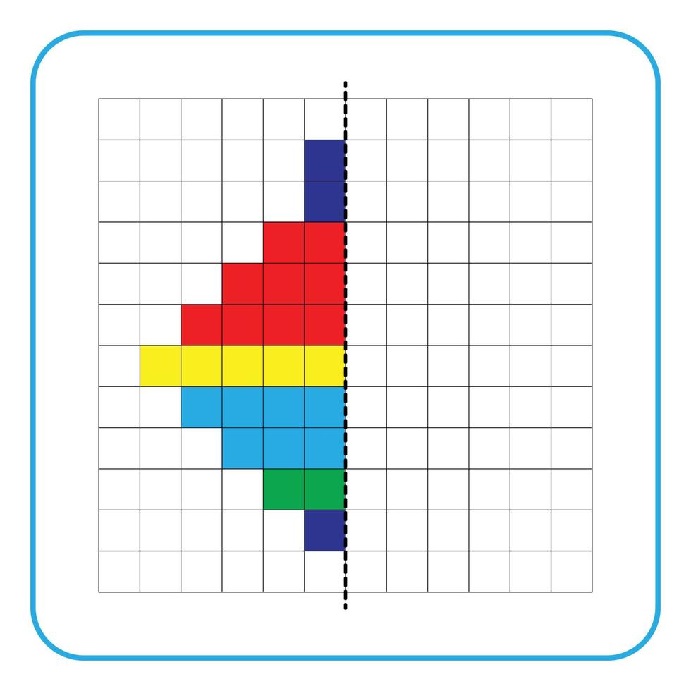 Jeu éducatif de réflexion d'image pour les enfants. apprendre à remplir des feuilles de travail symétriques pour les activités préscolaires. grilles de coloriage, perception visuelle et pixel art. terminer le jouet toupie. vecteur