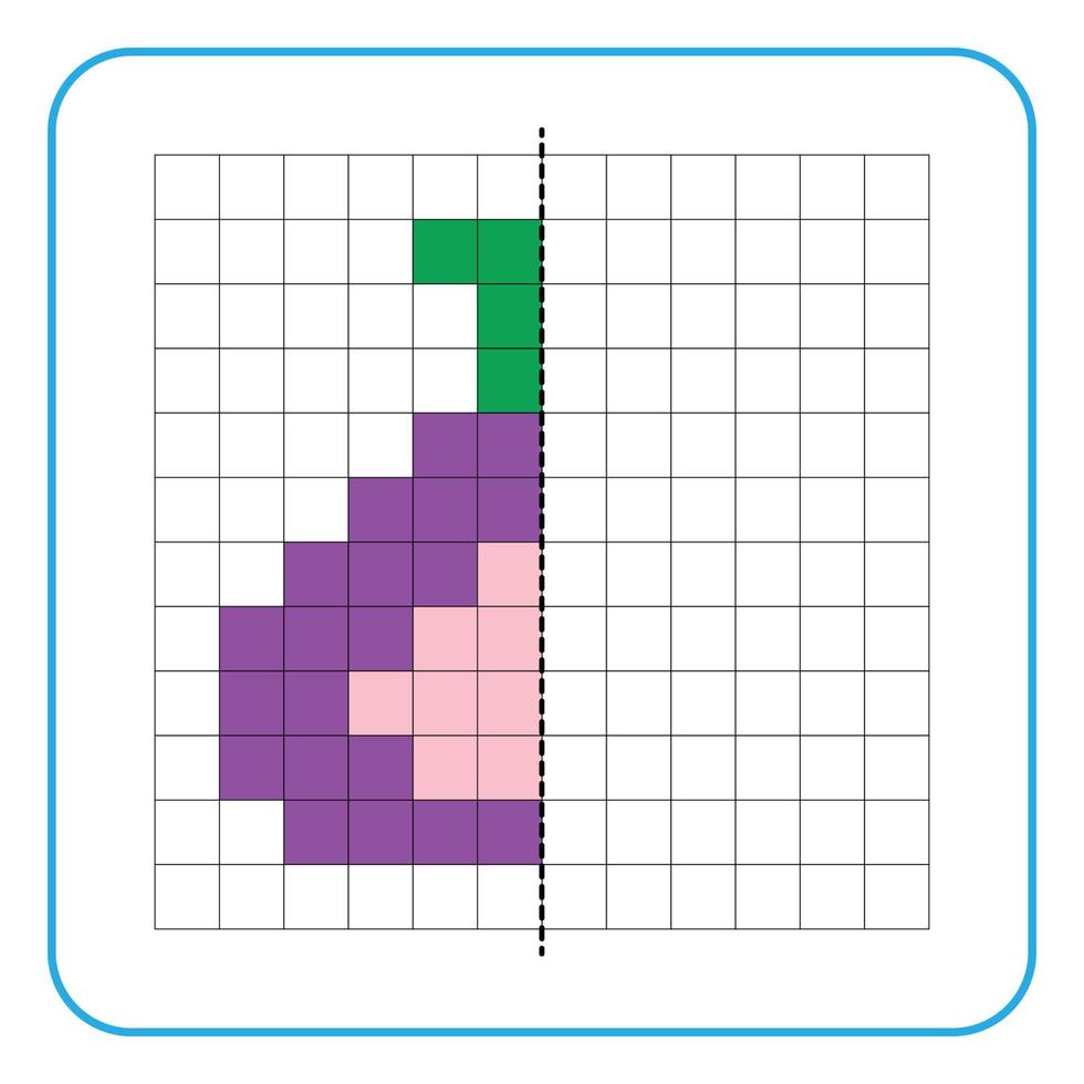 Jeu éducatif de réflexion d'image pour les enfants. apprendre à remplir des feuilles de travail symétriques pour les activités préscolaires. grilles de coloriage, perception visuelle et pixel art. terminer l'image de la figue. vecteur