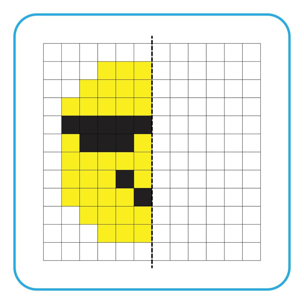 Jeu éducatif de réflexion d'image pour les enfants. apprendre à remplir des feuilles de travail symétriques pour les activités préscolaires. grilles de coloriage, perception visuelle et pixel art. terminer l'émoticône sourire. vecteur