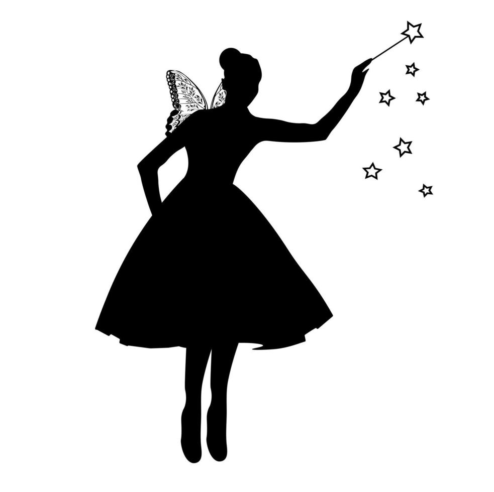 illustration de stock de vecteur de fée. belle silhouette de fée. une sorcière avec des ailes et une baguette magique. isolé sur fond blanc.