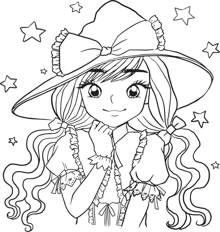 page de coloriage dessin animé fille mignon kawaii manga anime illustration, clipart enfant dessin personnage vecteur