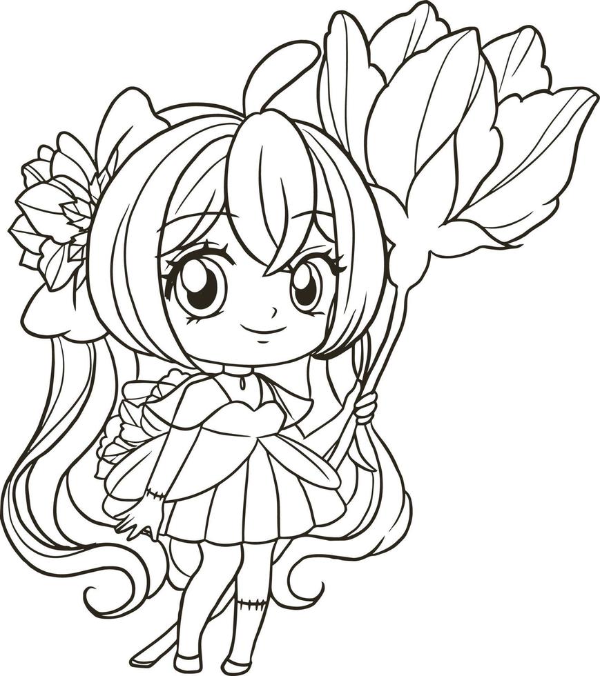 page de coloriage dessin animé fille mignon kawaii manga anime illustration, clipart enfant dessin personnage vecteur