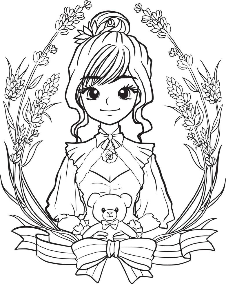 page de coloriage dessin animé fille mignon kawaii manga anime illustration, clipart enfant dessin personnage vecteur