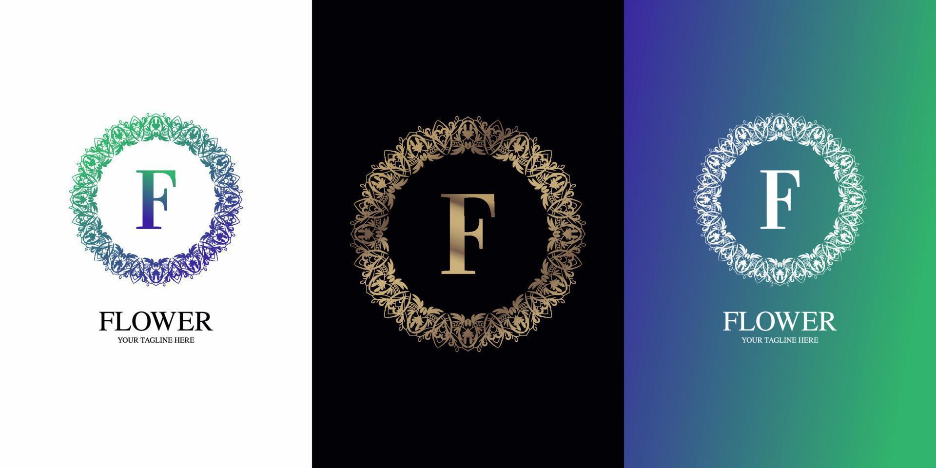 lettre f alphabet initial avec modèle de logo de cadre floral ornement de luxe. vecteur