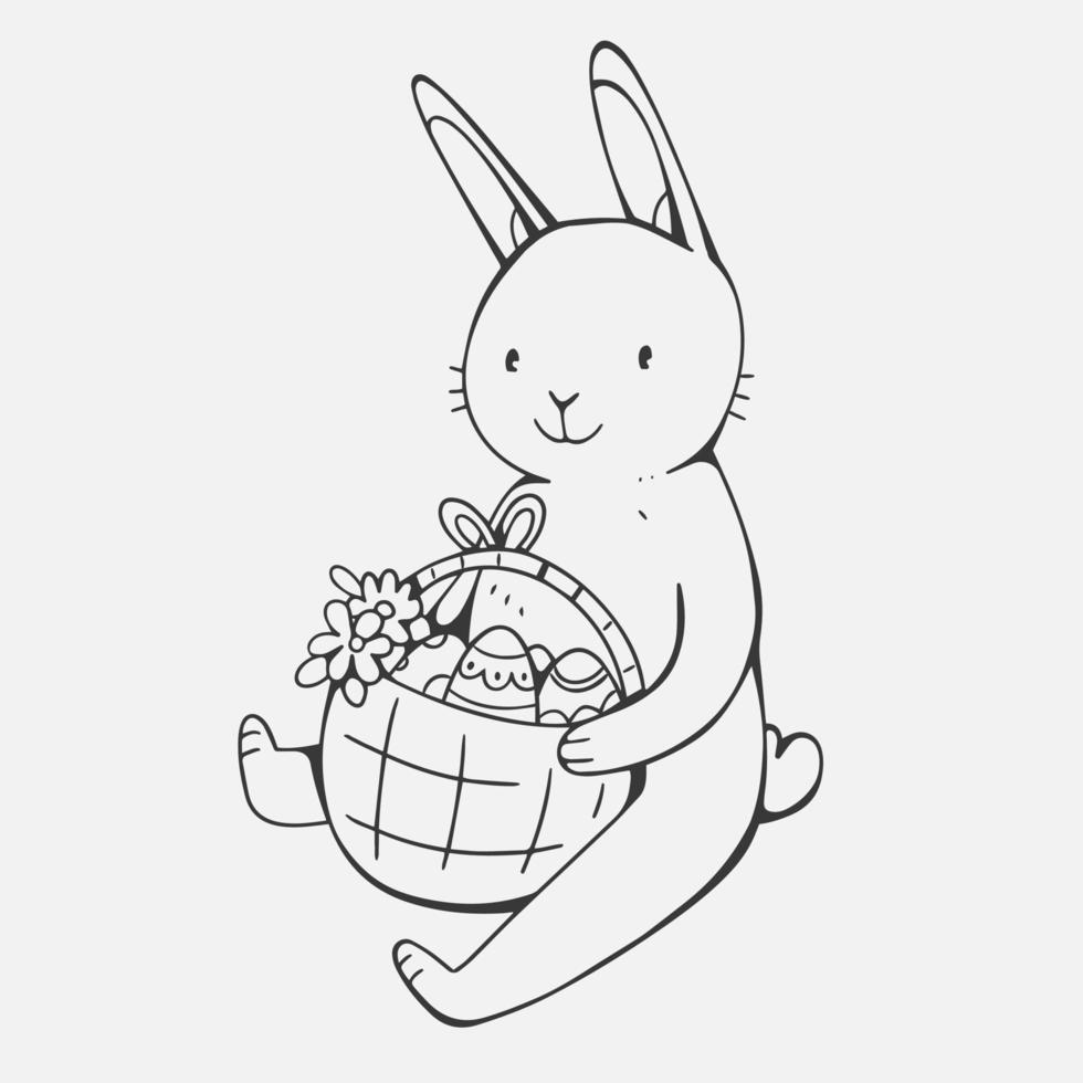 lapin avec des oeufs de pâques dans le panier vector doodle illustration isolé sur fond blanc. lapin de personnage mignon pour pâques.