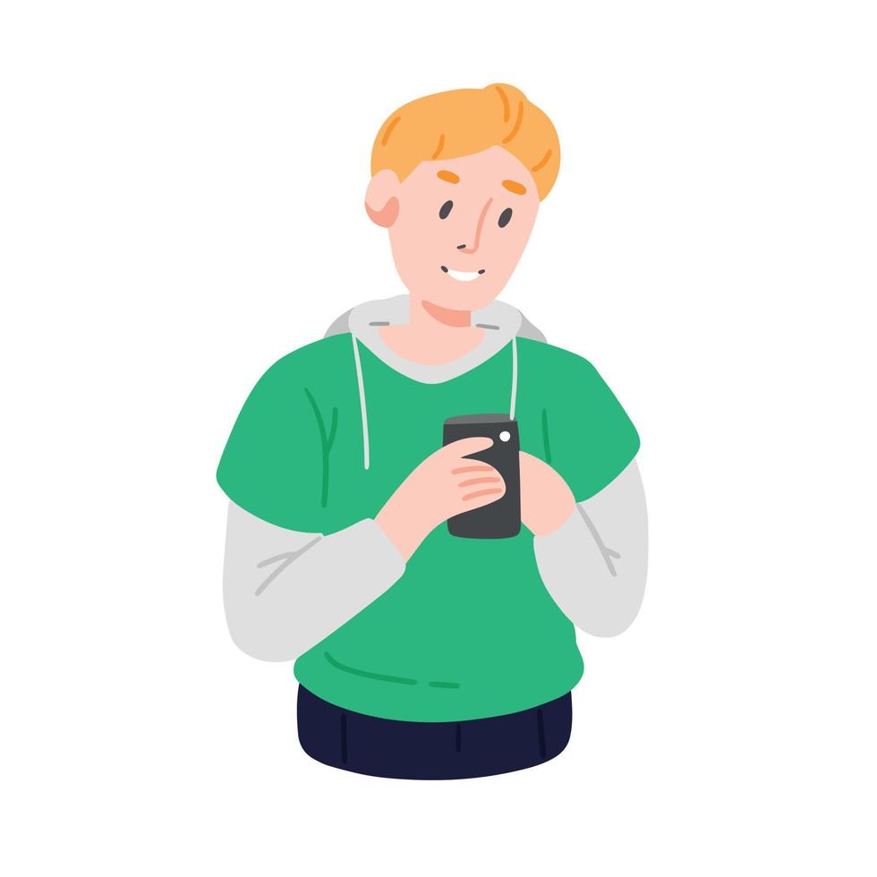 jeune mec blond heureux dans un sweat-shirt vert envoie des SMS au téléphone. illustration de dessin animé de vecteur. conception de personnages. vecteur