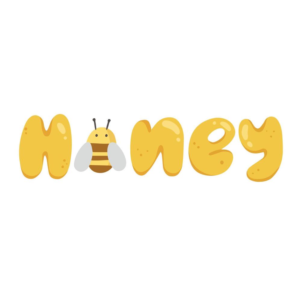 l'inscription miel avec une abeille au lieu de la lettre o. illustration vectorielle mignonne en style cartoon isolé sur fond blanc. vecteur