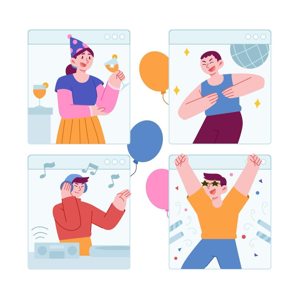 idée d'illustration vectorielle de concept de fête en ligne pour le modèle de page d'accueil, réunion pour célébrer l'événement en appel vidéo, féliciter les amis, les collègues ou la famille dans une conversation festive et heureuse, style plat vecteur