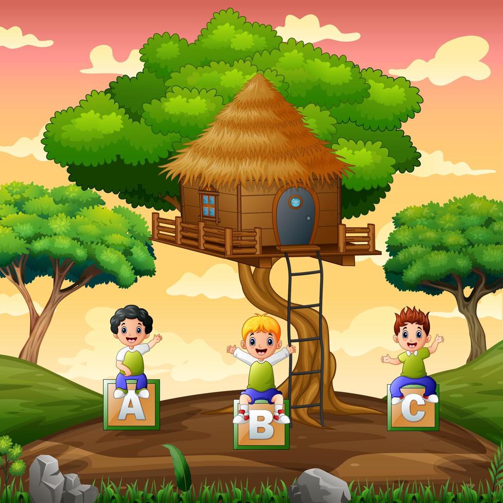 enfants jouant sous la cabane dans les arbres vecteur