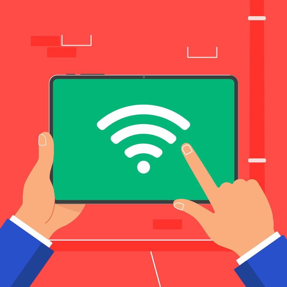 mains tenant une tablette noire devant un mur rouge. tablette pad dans les mains de l'homme avec symbole de signe d'icône de signal wifi sur l'illustration vectorielle de conception plate d'écran. écran tactile de l'index. vecteur