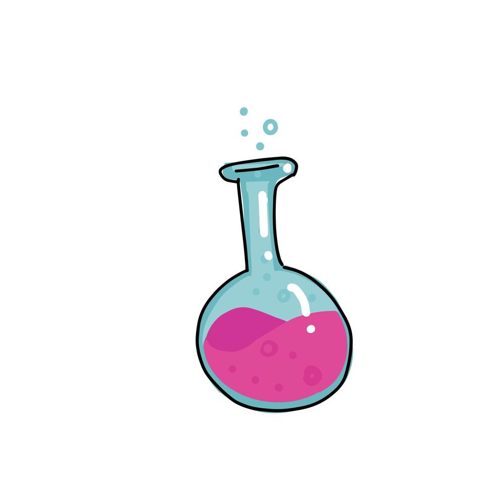 icône de croquis de couleur de vecteur de tube à essai isolé sur fond blanc. ampoule ronde dessinée à la main avec un liquide à bulles rose. croquis de doodle de tubes pour infographie, site Web, bouteilles en verre avec de l'eau rose