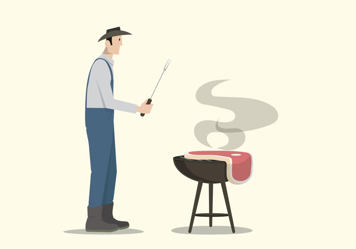 fermier cuisinant un gros steak sur un barbecue. vecteur