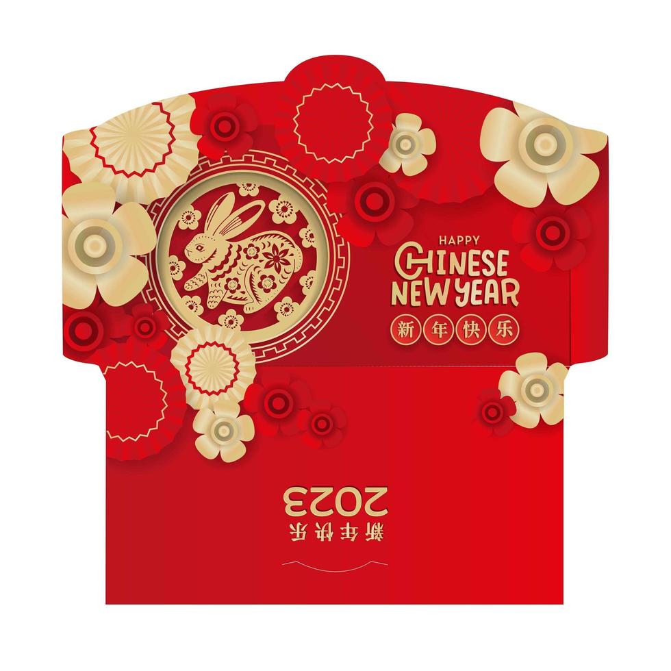 nouvel an argent enveloppe rouge ang pau design. année du lapin avec beaucoup de fleurs et de parapluies. traduction en hiéroglyphe chinois - bonne année. lièvre d'or en fleurs. paquet découpé à l'emporte-pièce de vecteur