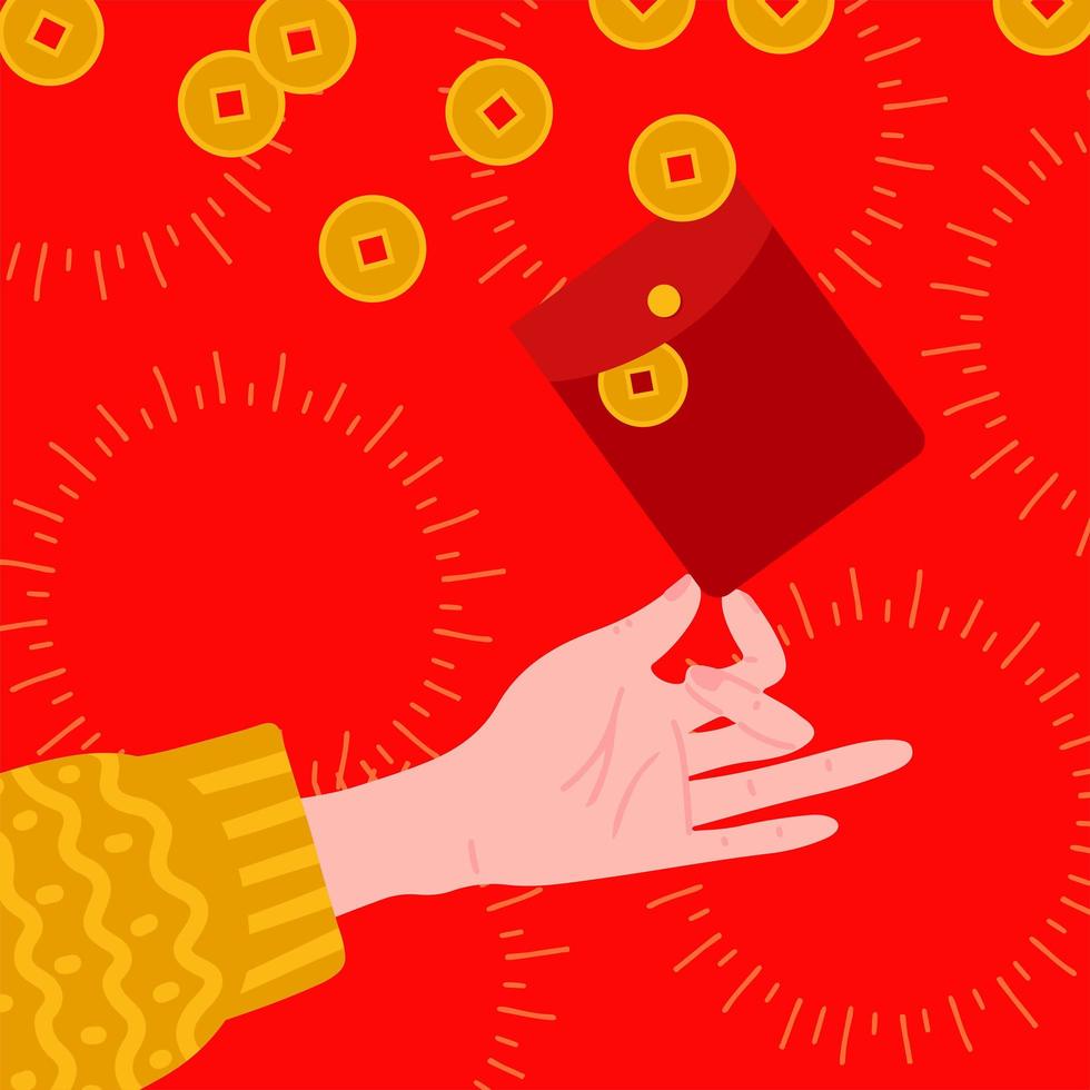 main tenant hongbao rouge - enveloppe chinoise rouge avec des pièces d'or. distribuer de l'argent dans des paquets de papier rouge à la famille. illustration vectorielle plane pour la célébration du nouvel an oriental. vecteur