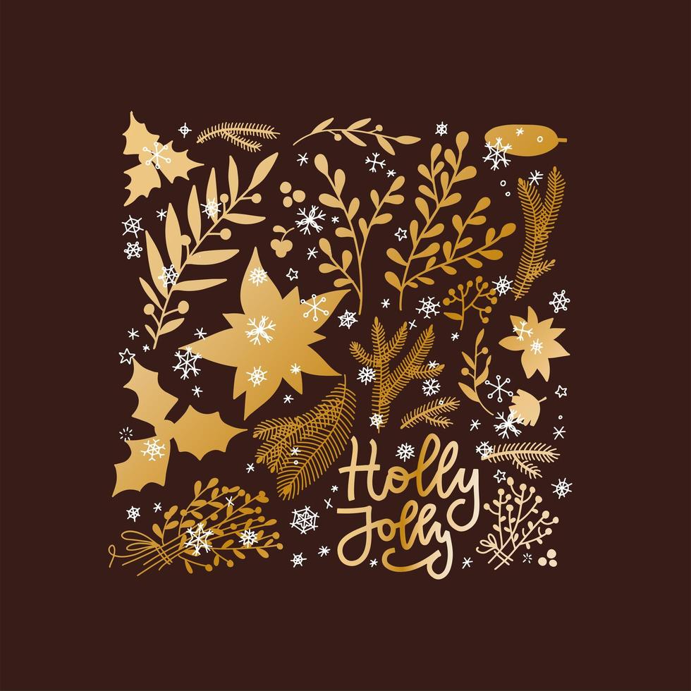 carte de noël carrée avec plantes d'hiver, fleurs, branches. élégant motif doré vintage sur fond marron foncé. illustration plate avec lettrage holly jolly vecteur