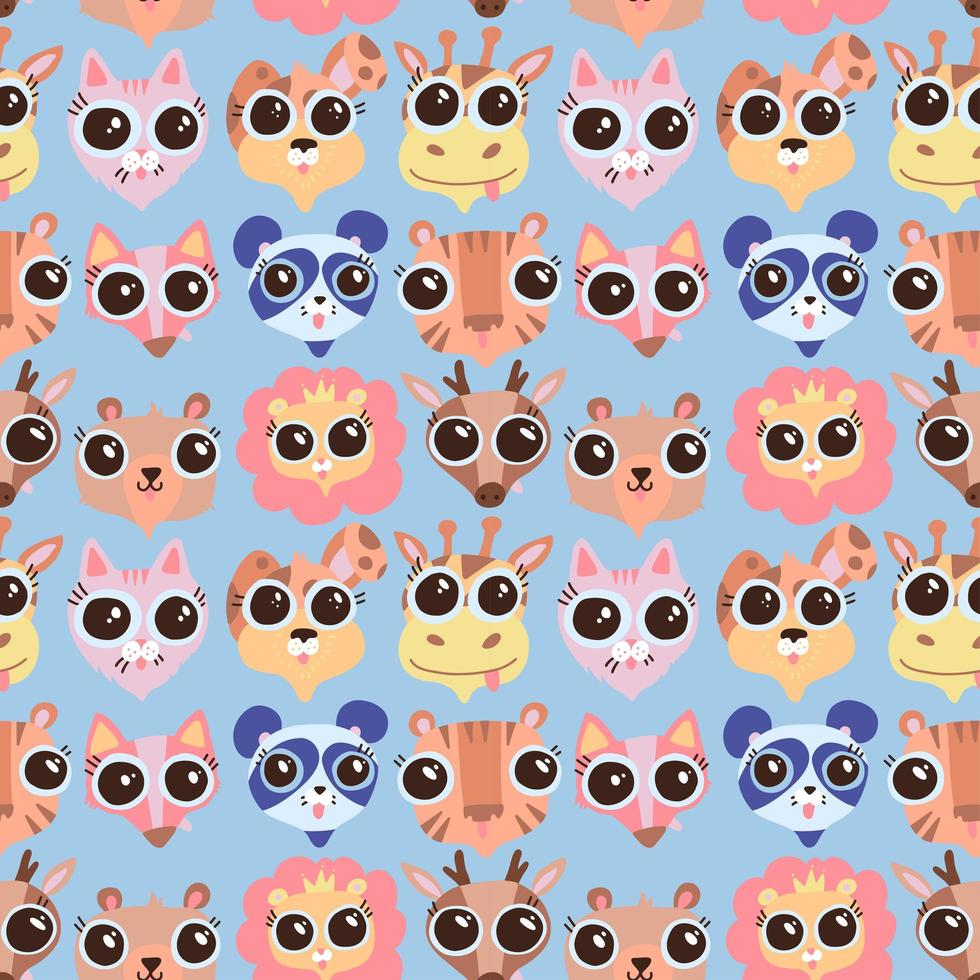 les animaux de dessin animé mignon font face à un motif sans couture dans un style scandinave plat. texture d'animaux enfantins pour le textile, le tissu, l'emballage. impression d'illustration vectorielle multicolore isolée sur fond bleu. vecteur