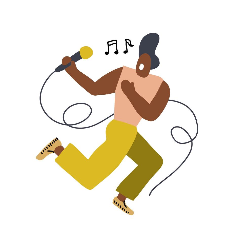 chanteur drôle avec un microphone, fait dans un style doodle. homme seul dansant et chantant sur scène. illustration plate de vecteur. vecteur