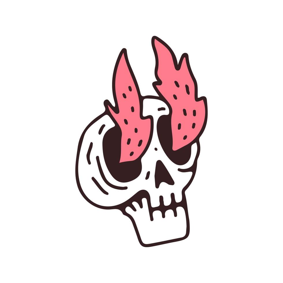 tête de squelette avec du feu dans les yeux, illustration pour t-shirt, autocollant ou marchandise vestimentaire. avec un style de dessin animé rétro. vecteur