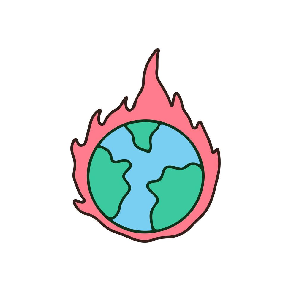 planète terre et feu, illustration pour t-shirt, autocollant ou marchandise vestimentaire. avec un style de dessin animé rétro. vecteur