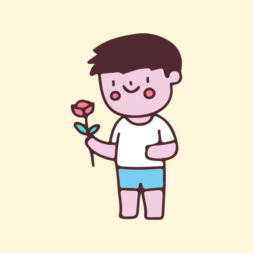 kawaii petit garçon avec dessin animé de fleurs de roses. illustration pour les enfants de maternelle parfaits, les enfants, les salutations. vecteur