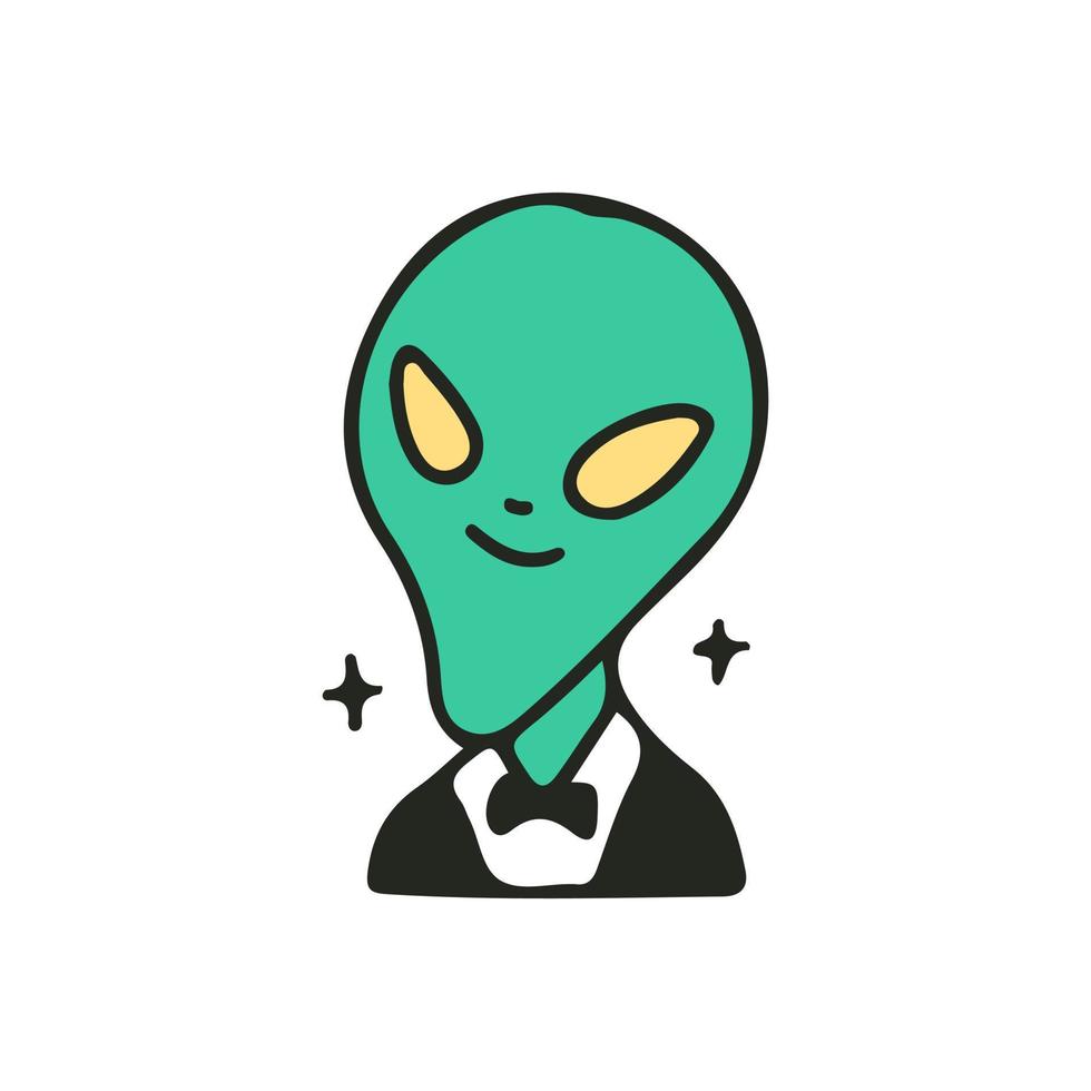 extraterrestre portant un smoking, illustration pour t-shirt, autocollant ou marchandise vestimentaire. avec un style de dessin animé rétro. vecteur