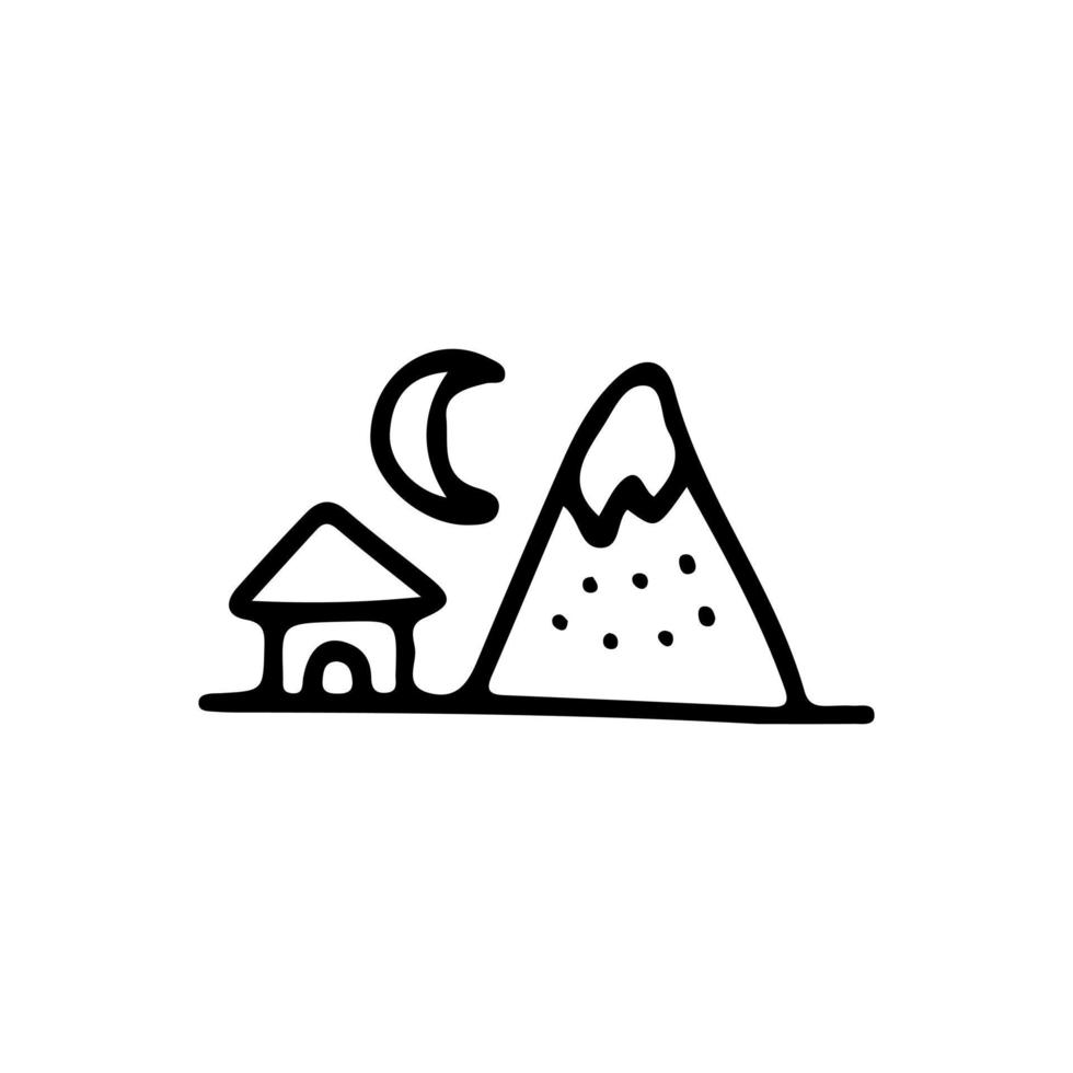 cabine, lune et montagne, illustration pour t-shirt, autocollant ou marchandise vestimentaire. avec un style doodle, rétro et dessin animé. vecteur