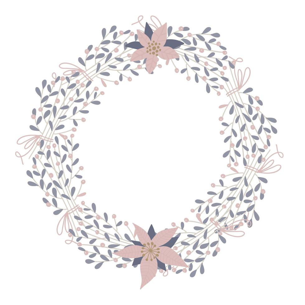 cadre rond floral vecteur mignon et élégant. insigne et emblème d'hiver de cercle de plante de ton pastel. Guirlande de Noël. illustration vectorielle plane dans le style hygge