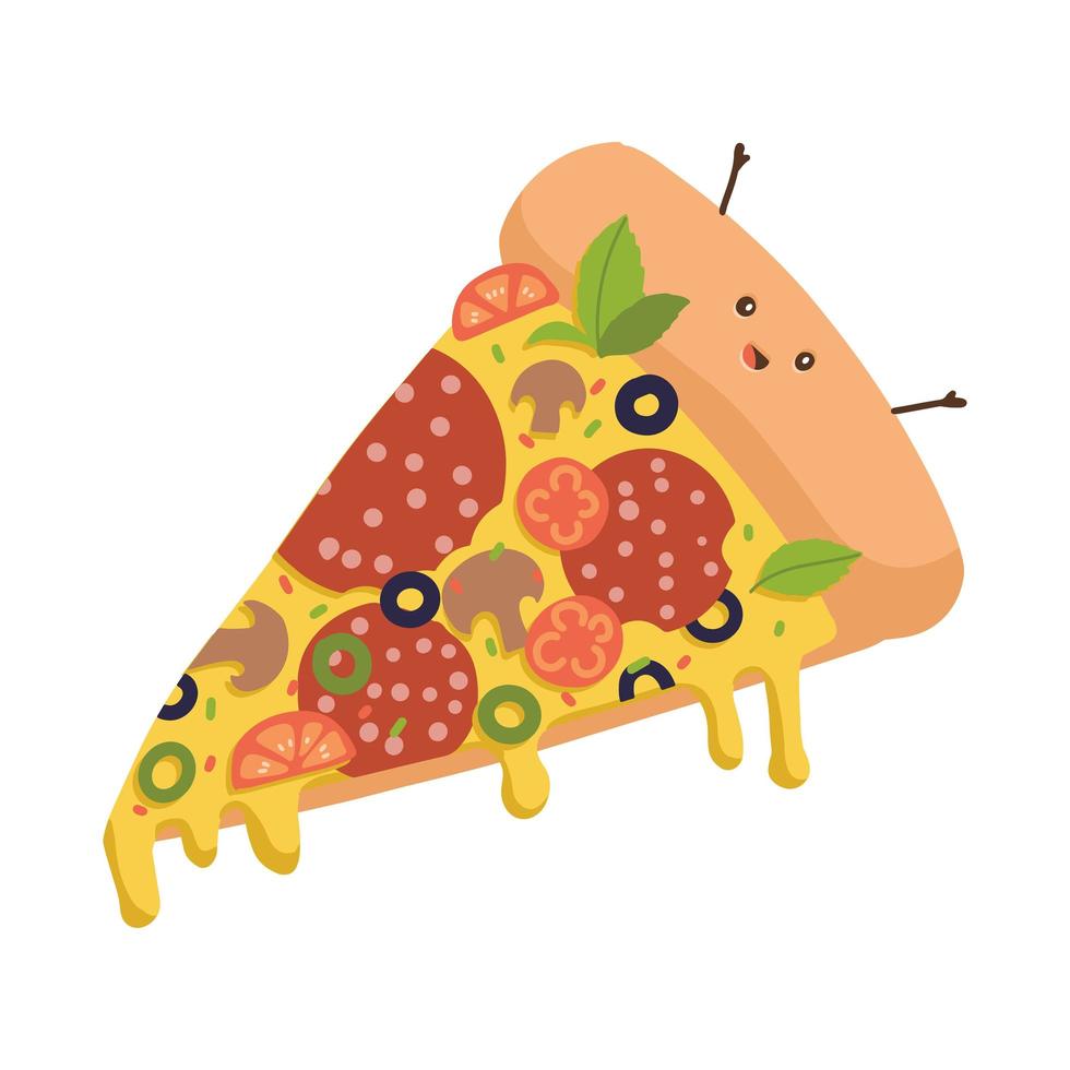 jolie tranche de personnage de pizza, pizza amusante avec des yeux, des mains et un sourire kawaii pour le menu pour enfants de la restauration rapide. icône d'illustration plate vectorielle de style moderne. isolé sur fond blanc vecteur