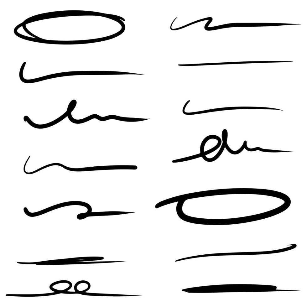 ligne dessinée à la main pour marquer le texte et le jeu de marqueurs de cercle isolé sur fond blanc. illustration vectorielle. vecteur