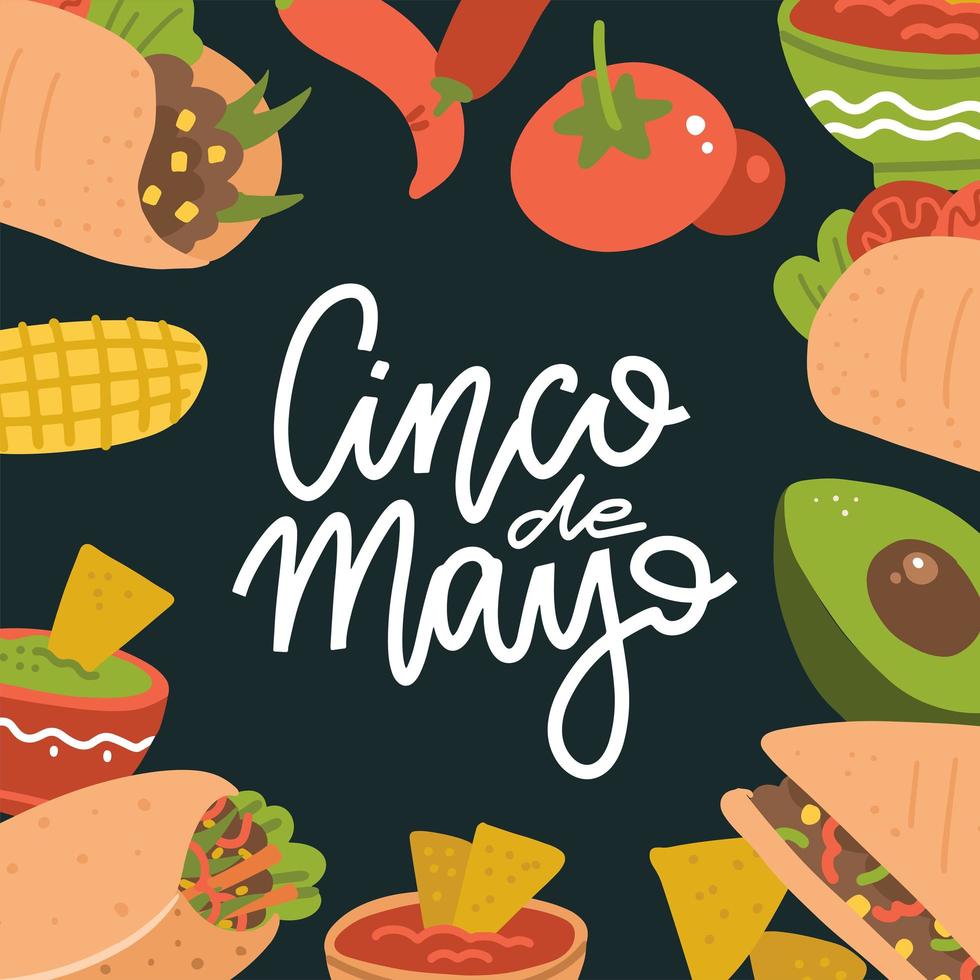 bannière de lettrage cinco de mayo avec cuisine mexicaine - guacamole, quesadilla, burrito, tacos, nachos, chili con carne et ingrédient. illustration vectorielle plate sur fond sombre vecteur